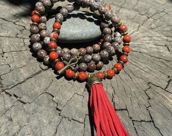 CHOCOLATE & RED JASPER Mala Beads with Red Suede Tassel | 108 Bead Crystal Mala Yoga Necklace | Om, Meditation Beads by Mayan Rose MayanRose