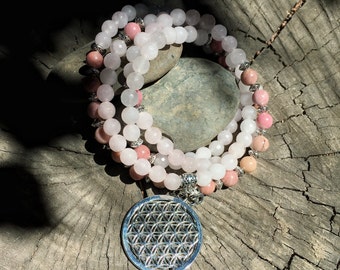 ROSE QUARTZ & Rhodonite Flower of Life Mala Beads | 108 Mala Beads for Heart Chakra | Meditation Yoga Prayer Beads , Mayan Rose MayanRose