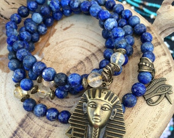 Lapis Lazuli & Citrine Mala | 108 Bead Mala Necklace with Egyptian Pharaoh, Eye of Horus | Meditation Yoga Prayer Beads | Ankh Egypt