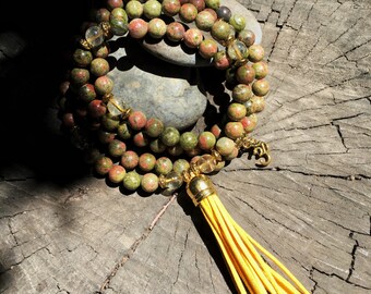 UNAKITE & CITRINE Mala Beads with YELLOW Suede Tassel | 108 Bead Crystal Mala Yoga Necklace | Om, Meditation Beads by Mayan Rose MayanRose