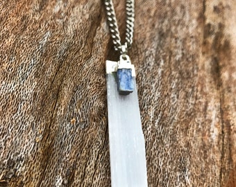 SELENITE & BLUE KYANITE Crystal Necklace on Antique Silver Chain | Natural Selenite Blade Pendant, Crystal Healing Necklace | Mayan Rose