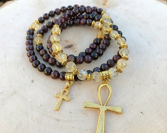 GARNET & CITRINE Mala Beads with Egyptian Ankh | 108 Bead Crystal Mala for Meditation, Yoga, Crystal Healing, Prayer Beads | Egypt, Kemet