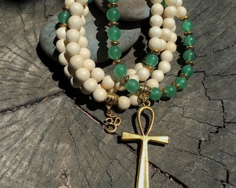 Egyptian Mala Beads | Unisex Green Aventurine & White Wood 108 Bead Ankh Necklace |  Meditation Yoga Prayer Rosary | Eye of Horus Ra