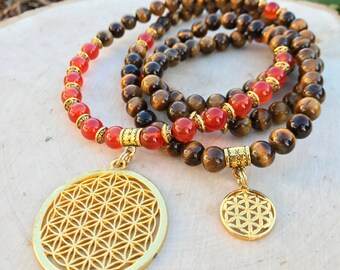 FLOWER OF LIFE Unisex Mala Beads with Tiger Eye & Carnelian | 108 Mala Necklace for Men Meditation Yoga | Men's Sacred Geometry Necklace