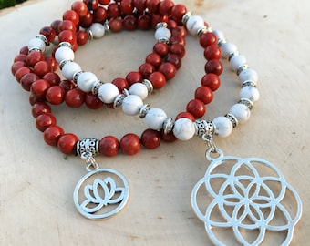 RED JASPER & Howlite Mala Beads | Seed of Life | 108 Bead Mala Root Chakra | Sacred Geometry Yoga Meditation Beads, Prayer Beads, Mayan Rose