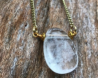 CLEAR QUARTZ Crystal Necklace on Antique Gold Chain | Natural Clear Quartz Teardrop Pendant, Crystal Healing Gemstone Necklace by Mayan Rose