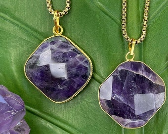 Amethyst Crystal Medallion Necklace on Gold Chain | Faceted Amethyst Crystal Pendant | Purple Crystal Necklace |