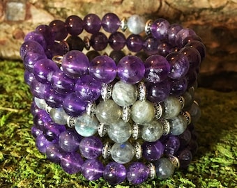 AMETHYST & LABRADORITE Mala Bracelet | 108 Mala Beads | Unisex Wrist Mala | Meditation Prayer Beads | Amethyst Bracelet | Wrap Bracelet