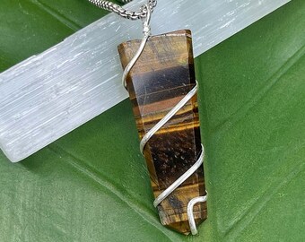 TIGER EYE Necklace on Silver Pewter Chain | Polished Tiger Eye Wire-wrapped Crystal Point Pendant, Crystals for Power | Unisex, Men's