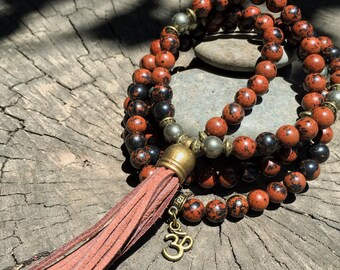 MAHOGANY OBSIDIAN  Mala Beads with TAN Suede Tassel | 108 Bead Crystal Mala Yoga Necklace | Om, Meditation Beads by Mayan Rose MayanRose