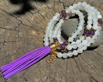 QUARTZ & AMETHYST Mala Beads with PURPLE Suede Tassel | 108 Bead Crystal Mala Yoga Necklace | Om, Meditation Beads by Mayan Rose MayanRose