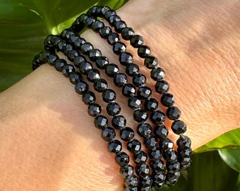 Black Tourmaline Bracelet, Faceted 4mm Crystal Bracelet made with Natural Tourmaline Beads, Authentic Gemstone Small Bead Bracelets