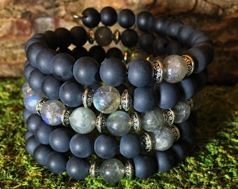 Labradorite & Onyx Mala Bracelet | 108 Mala Beads | Unisex Wrist Mala | Prayer Beads Mala Bracelet | Yoga Meditation Zen | Wrap Bracelet