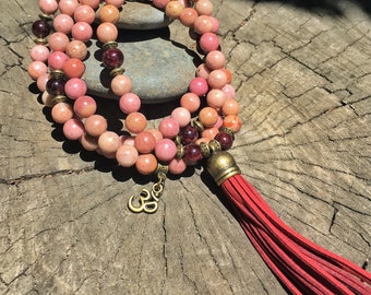 RHODONITE & GARNET Mala Beads with RED Suede Tassel | 108 Bead Crystal Mala Yoga Necklace | Om Meditation Beads by Mayan Rose MayanRose