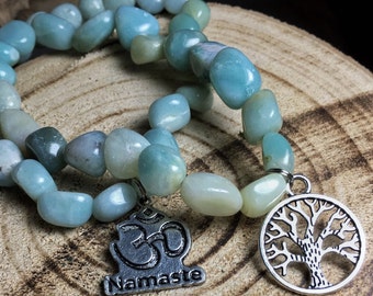 AMAZONITE Bracelet, Tumbled Crystal Bracelet - Choose Charm: Ankh Cross, Eye of Ra, Goddess, Om Aum Symbol, Tree of Life, Hamsa