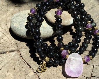 OBSIDIAN & AMETHYST Mala for Meditation | Yoga Beads | 108 Mala Beads | Crystal Healing Mala | Om Yoga Necklace by Mayan Rose MayanRose