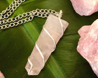 ROSE QUARTZ Crystal Point Necklace on Silver Pewter Chain | Polished Wire-wrapped Point Pendant, Healing Crystals for Love & Heart Chakra
