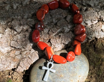 RED JASPER Ankh Bracelet - Egyptian Cross - Root Chakra - 1st Chakra - Eye of Horus, Pharaoh, Isis, Nefertiti, Eye of Ra, Pyramid Egypt