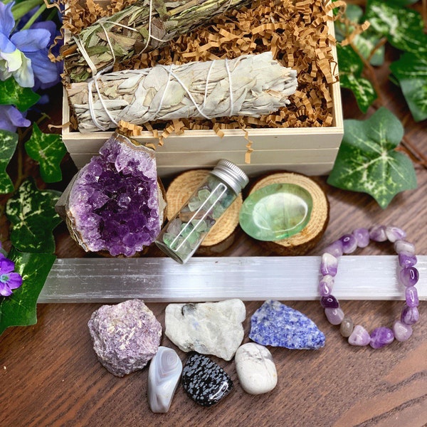 Stress Relief & Relaxation Gift Set | Sage Crystal Kit, Meditation Altar, Crystal Healing Wicca, Spiritual Gifts, Gift Ideas, Crystal Set