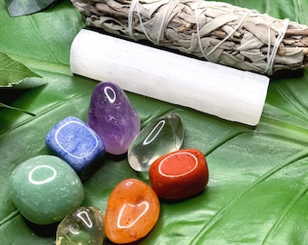 7 Chakras Crystal Gift Set | w/ 4 in. Sage Bundle & Selenite Wand | Chakra Crystals, Spiritual Gift, Metaphysical Tool | Mayan Rose