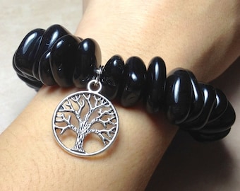 OBSIDIAN Bracelet - Choose Charm: Hamsa Hand, Yoga Om Symbol, Tree of Life, Ankh Cross - 1st Chakra Natural Stone Tumbled Polished