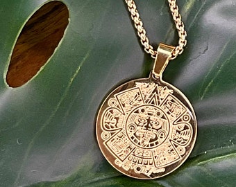 Aztec Hieroglyphs Gold Necklace, Mexican Calendar Gold Pendant, Aztec Calendar Jewelry,  Hippie Hippy Necklace