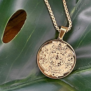 Aztec Hieroglyphs Gold Necklace, Mexican Calendar Gold Pendant, Aztec Calendar Jewelry,  Hippie Hippy Necklace