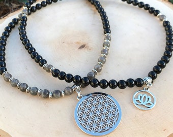 OBSIDIAN & LABRADORITE Mala Beads | Flower of Life |  UNISEX Mala Necklace for Men | Sacred Geometry Men's Prayer Beads for Meditation, Yoga