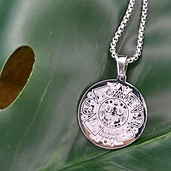 Aztec Hieroglyphs Silver Necklace, Mexican Calendar Silver Pendant, Aztec Calendar Jewelry,  Hippie Hippy Necklace