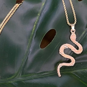May include: A gold snake pendant necklace on a green leaf background.