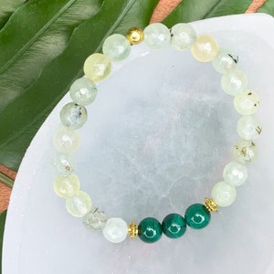 Prehnite & Malachite Natural Healing Crystal Bracelet | Green Crystal Beaded Stretch Bracelet | Choose Custom Size and Gold or Silver