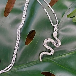 Textured Silver Snake Necklace, Sacred Geometry Serpent Jewelry Pendant, Metaphysical Holistic Healing Silver Necklace Snake Charm,
