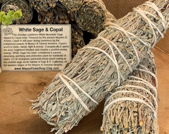 COPAL & WHITE SAGE Smudge Stick | Sage Bundle | Ceremony, Meditation, Altar, Home Cleansing, Wicca, Herbal Smudging Kit | Mayan Rose
