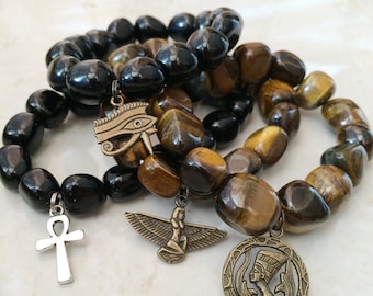 Egyptian Unisex Gemstone Bracelet | Tiger Eye / Obsidian | Charm: Ankh Cross, Eye of Ra, Horus, Maat, Nefertiti, Men's Jewelry,