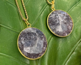 Lepidolite Crystal Medallion Necklace on Gold Chain | Faceted Lepidolite Crystal Pendant | Purple Crystal Necklace |