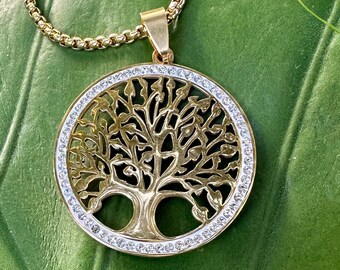 TREE of LIFE Gold Necklace with Cubic Zirconia Crystals | Tree Pendant Yoga Necklace w/ Gift Box | Sacred Geometry, Boho Jewelry, Mayan Rose