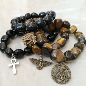 Egyptian Unisex Gemstone Bracelet | Tiger Eye / Obsidian | Charm: Ankh Cross, Eye of Ra, Horus, Maat, Nefertiti, Men&#39;s Jewelry,