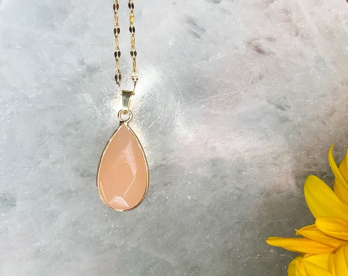 Apricot Agate Medium Teardrop Crystal Gold Necklace | Natural Authentic Gemstone Crystal Healing Jewelry | Light Carnelian Pendant Charm