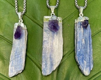 KYANITE & AMETHYST Crystal Necklace | Antique Silver Chain | Natural Blue Kyanite Blade Pendant, Amethyst Crystal Necklace