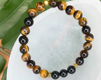 Tiger Eye & Black Tourmaline Natural Healing Crystal Bracelet | Gold Crystal Beaded Stretch Bracelet | Choose Custom Size and Gold or Silver