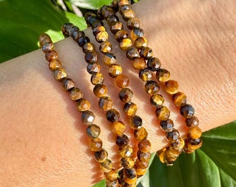Tiger Eye Gemstone Bracelet, Faceted 4mm Crystal Bracelets made with Natural Tiger's Eye Beads, Authentic Crystal Stretch Bracelet