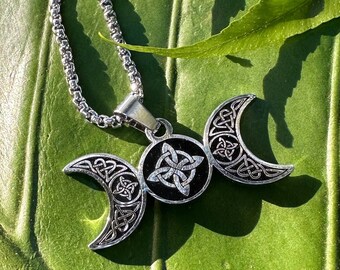 Triple Moon Goddess Symbol Necklace with Celtic Knot, Bowen Knot, Bowen Cross, Sacred Geometry Silver Lunar Pendant, Wicca Wiccan Jewelry