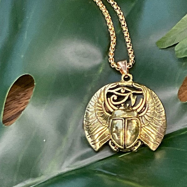 Eye of Ra & Scarab Gold Necklace | Egyptian Gold Beetle Necklace, Eye of Horus Protection Amulet Pendant, Boho Hippie Hippy Necklace