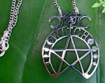 Witch Necklace | Silver Triple Moon Necklace | Pentagram Necklace | Wicca, Wiccan Necklace, Pagan Jewelry | Sacred Geometry Jewelry