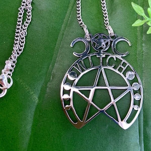 Witch Necklace | Silver Triple Moon Necklace | Pentagram Necklace | Wicca, Wiccan Necklace, Pagan Jewelry | Sacred Geometry Jewelry
