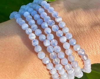 Blue Lace Agate Bracelet, Faceted 4mm Crystal Bracelet made with Natural Agate Beads, Authentic Beaded Bracelets with Natural Gemstones