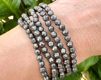 Dainty Pyrite Bracelet, Faceted 4mm Crystal Bracelet made with Natural Pyrite Beads, Authentic Gemstone Small Bead Bracelets
