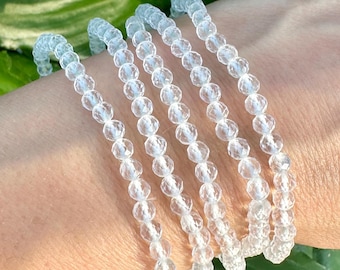 Clear Quartz Bracelet, 4mm Faceted Crystal Quartz Bracelet, Small Beaded Bracelet with Natural Healing Gemstones, Dainty Stackable Bracelets