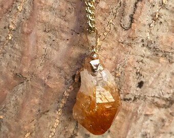RAW CITRINE Crystal Necklace on Antique Gold Chain | Yellow Quartz Electroplated Pendant, Crystal Healing Necklace