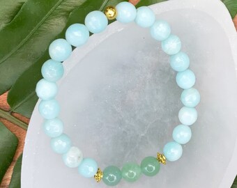 Amazonite & Green Aventurine Natural Healing Crystal Bracelet | Green Crystal Beaded Stretch Bracelet | Choose Custom Size, Gold or Silver